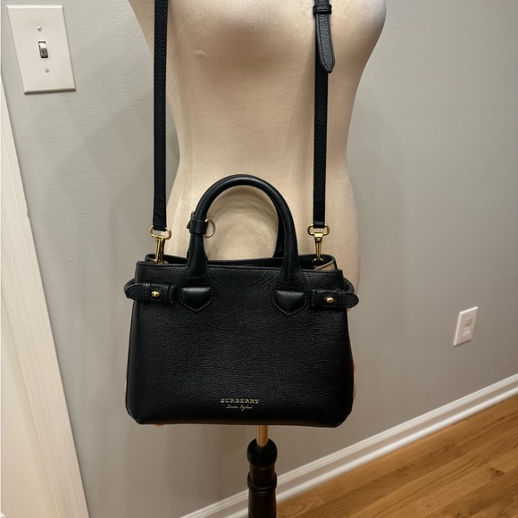 Burberry Black/Beige Leather and House Check Fabric Small Banner Tote - Picture 3 of 11